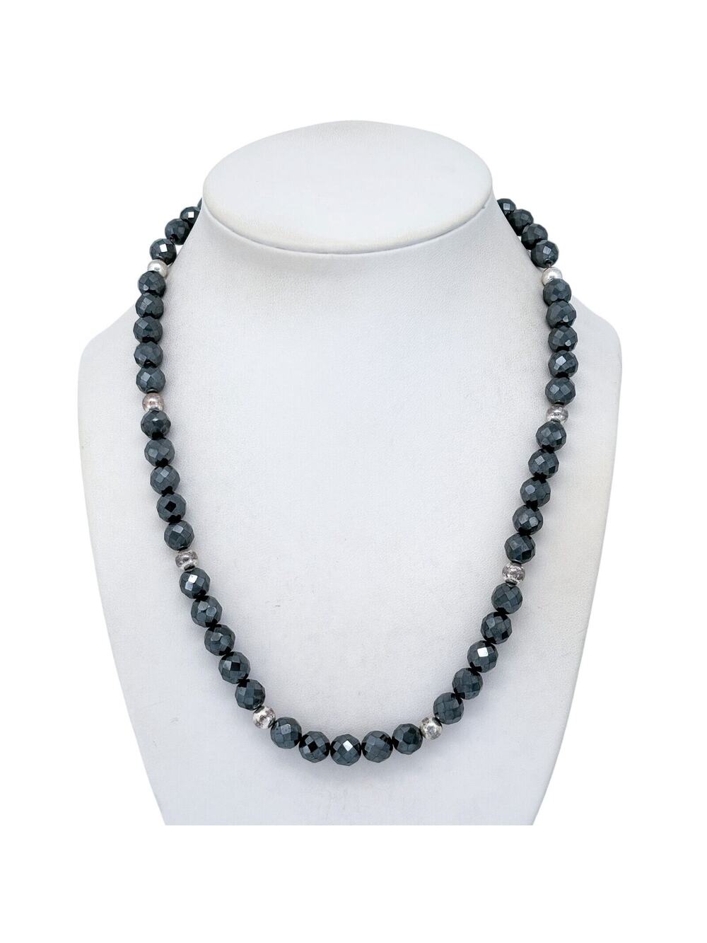 Vintage Hematite Sterling Silver 925 Beaded Necklace 16"-18.5"